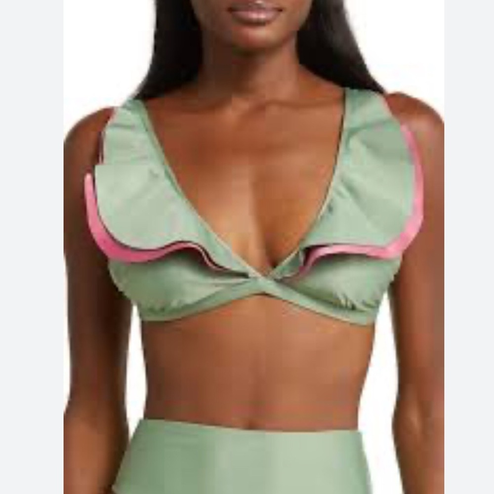Farm Rio Women Green and Pink Ruffle Bikini Top Sz. Lrg NWT